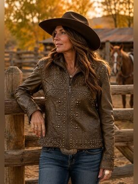 Powder River Outfitters Texas Genuine Leather Studded Western Jacket XL